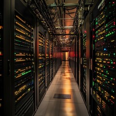 Poster - Data Center Corridor Illuminated by Lights From Servers at Dusk