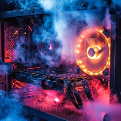 Poster - Computer Hardware Setup Showcasing Powerful Graphics Card and Cooling System Illuminated by Vibrant LED Lights Amidst Swirling Fog