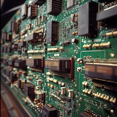 Poster - Intricate Details of a Printed Circuit Board Showcasing Electronic Components and Connections in a Close-Up View