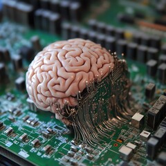 Poster - Brain-like Structure on Circuit Board Symbolizes the Intersection of Technology and Neuroscience in Modern Design