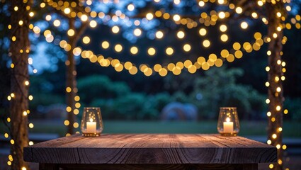 Wall Mural - Rustic wood board table mockup surface with glowing candles and gold bokeh string lights with outdoor background