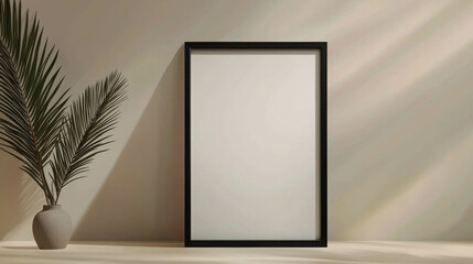 Poster - Sleek Black Frame Standing on Floor Against Beige Wall with Subtle Greenery in Background