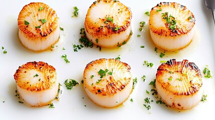 Poster - Pan Seared Scallops Presented on a White Background Generative AI