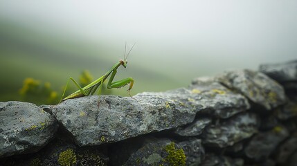 Wall Mural -   A praying mantis, in close-up, perched on a moss-covered rock wall