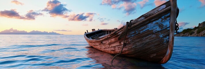 Wall Mural - lost - boat washed ashore on deserted beach