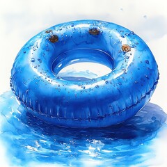 A vibrant blue inflatable pool ring resting on a surface with water droplets.