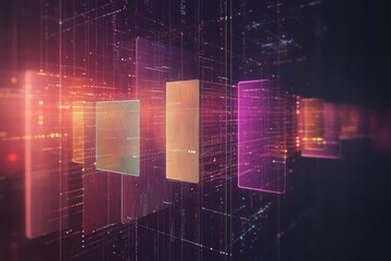 Poster - Abstract glowing data blocks in cyberspace. Ideal for tech, AI, or digital concepts.