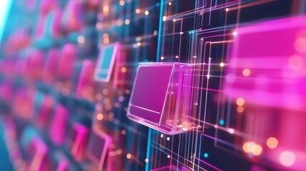 Poster - Abstract digital network, glowing pink and blue nodes connect. Illustrates complex data flow, network infrastructure, or digital connectivity.