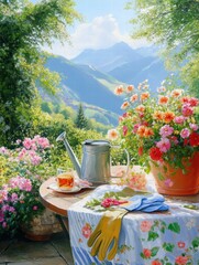Poster - Beautiful garden setting with flowers and watering can overlooking majestic mountains in the background. Generative AI