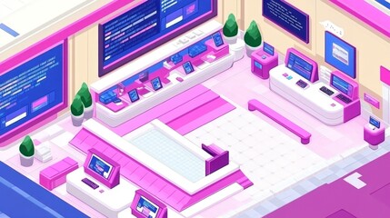 Canvas Print - Isometric view of a futuristic technology showroom with displays, computers, and interactive kiosks.