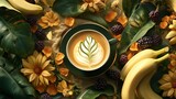 Aromatic Latte Art with Tropical Fruits and Flowers