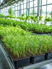 A greenhouse filled with experimental phytoremediation plants like vetiver grass growing in controlled soil conditions, bright and scientific