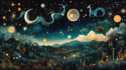 a surreal painting of a celestial realm, where stars form constellations in the shape of mythical cr