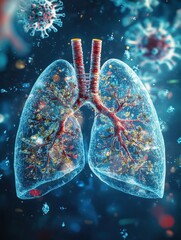 Fototapete - Digital illustration of human lungs surrounded by viruses and pathogens in a colorful biological landscape. Generative AI