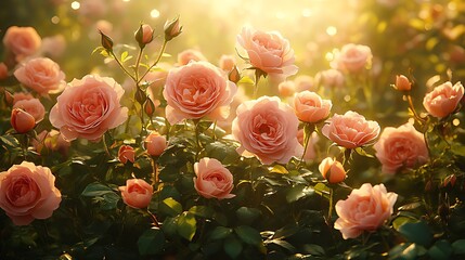 Wall Mural - Peach roses blooming sunrise garden backdrop