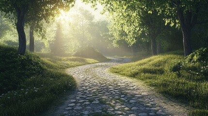 Aufkleber - Sunlight filters through trees illuminating a winding stone path in a tranquil forest setting. Generative AI