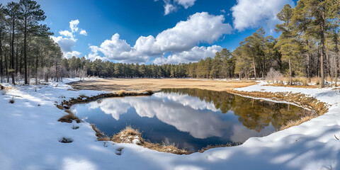 Wall Mural - Serene Winter Pond in a Pine Forest, lake, reflection, clouds, sky, trees