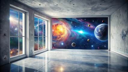 Wall Mural - vast cosmic vista interior design featuring expansive wall mural of nebula and planets