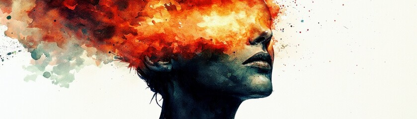 Poster - Abstract artistic representation of a woman with fiery explosion of colors symbolizing emotion, intensity, and creativity surrounding her head and mind