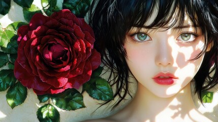 Wall Mural - Captivating portrait of a young woman with striking green eyes, framed by lush greens and a vibrant red rose in soft natural light and shadow play