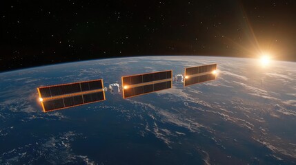 Satellite array orbiting Earth at sunrise; space exploration, communication technology