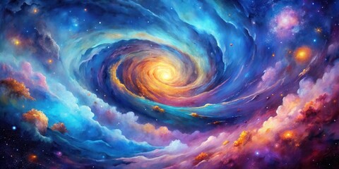 Wall Mural - A swirling cosmic nebula, vibrant hues of blue, purple, and gold, celestial bodies and stardust, a breathtaking fantasy painting of the universe