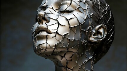 Poster - Abstract sculpture of a woman's face with cracked metallic finish, representing beauty, fragility, and the passage of time in an artistic and surreal manner