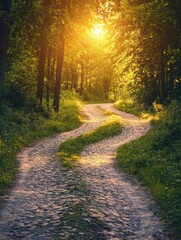 Poster - Winding pathway through a lush forest illuminated by soft morning sunlight. Generative AI