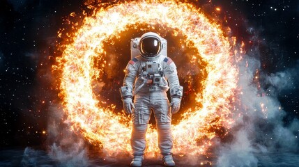 Poster - Astronaut in an Otherworldly Space Scene Surrounded by Fiery Energy Ring Against a Cosmic Background of Stars and Nebulae