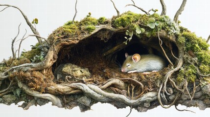 Poster - Small rodent nestled in a moss covered nest within a tree branch in a serene environment. Generative AI