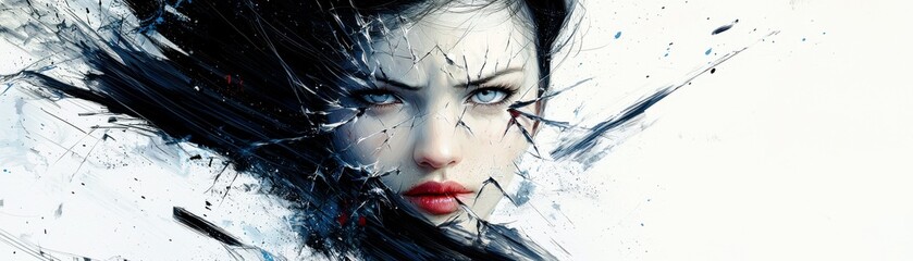 Poster - Abstract Art Portrait of a Young Woman with Dark Hair Breaking Through a Colorful Surface Capturing Emotion and Depth in an Artistic Display