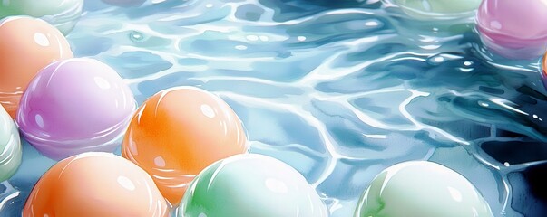 Poster - Colorful Bubbles Floating in Clear Water, Vibrant Orbs Reflecting Light in a Calm Pool, Gentle Ripples Creating Artistic Patterns, Summer Vibes Emphasized