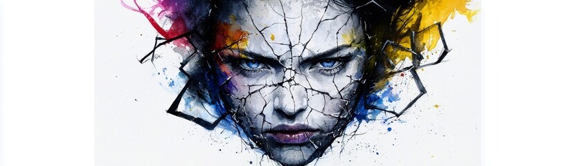 Poster - Intense Portrait of a Woman with Cracked Face Surrounded by Vibrant Colors and Abstract Splashes of Paint Representing Inner Struggles and Strength