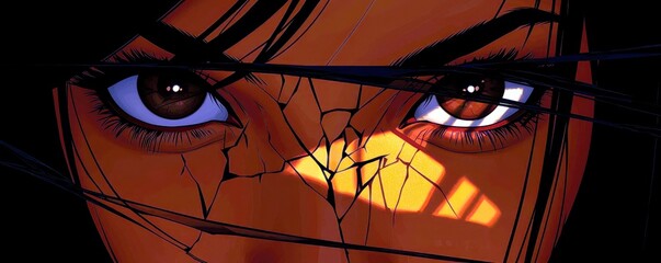 Poster - Intense Close-Up of Eyes with Unique Cracked Texture and Light Reflections, Capturing Emotion and Depth in a Graphic Illustration Style