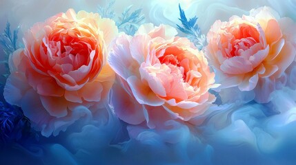 Poster - Stunning Soft Rose Flowers in Pastel Colors Against a Dreamy Background with Gentle Hues of Blue and Cream for Romantic and Floral Design Projects