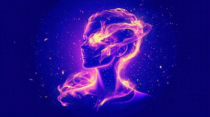 Poster - Ethereal Beauty: Portrait of a Woman Surrounded by Colorful Swirls of Light and Energy in a Dreamy Cosmic Background