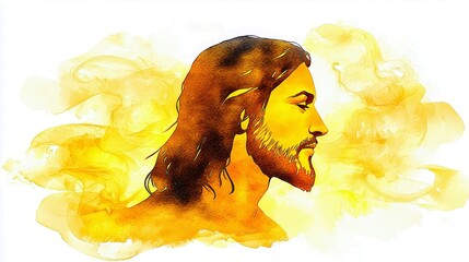 Poster - Artistic Profile of a Man Surrounded by Yellow Watercolor Swirls Illustrating Spiritual Themes and Calmness in Contemporary Artistic Expression