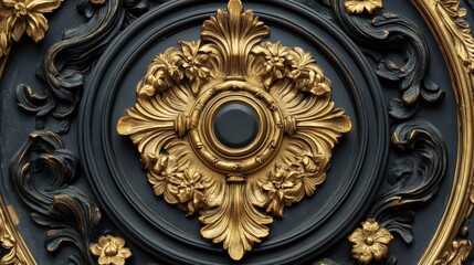 Fototapete - Intricate golden floral relief design on a dark background showcases craftsmanship and artistic detail. Generative AI