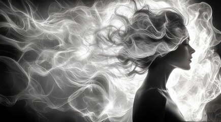 Poster - Ethereal Woman with Flowing Hair Surrounded by Wispy Smoke in a Dreamlike Black and White Composition for Artistic and Creative Concepts