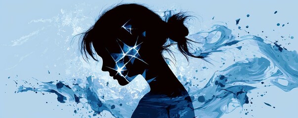 Poster - Elegant silhouette of a woman with sparkling stars and swirling blue waves creating a dreamy and artistic background perfect for creative projects