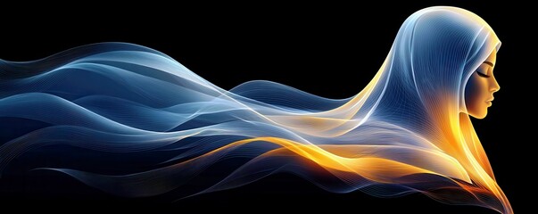 Poster - Ethereal Flow of Colorful Light Around a Serene Woman's Silhouette in a Mystical and Dreamy Setting