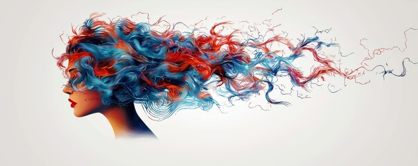 Poster - Vibrant Colors Flowing from Woman's Silhouette with Artistic Hair Design in Red and Blue on Light Background