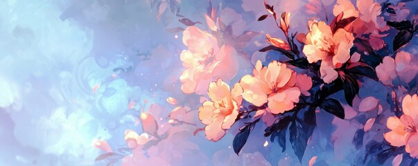 Poster - Delicate Blossoms Illuminated by Soft Light in a Dreamy Background Filled with Gentle Hues of Blue and Pink, Creating an Ethereal Floral Aesthetic