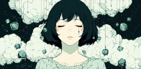 Poster - Ethereal Portrait of a Young Woman Surrounded by Floating Crystals and Dreamy Clouds in a Mystical Atmosphere of Melancholy and Serenity