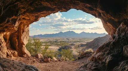 Wall Mural - view from a cave looking out over a desert landscape with mountains in the distance