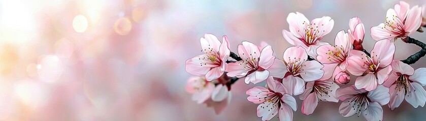 Poster - Delicate Cherry Blossom Branch with Pink Flowers Against a Soft Pastel Background Evoking the Beauty of Spring and Nature's Rebirth, Serenity and Calmness