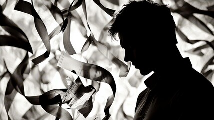 Poster - Silhouette of a Thoughtful Man Surrounded by Dynamic Abstract Paper Ribbons in Black and White Artistic Photography