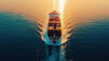 Large container ship sailing at sunset. Ideal for logistics, shipping, and global trade concepts.
