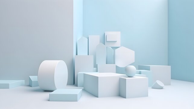 Abstract geometry exploration minimalist studio 3d rendering soft light eye level modern design concepts