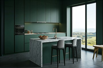 Wall Mural - Modern kitchen with dark green cabinets, marble island, and large window overlooking scenery.